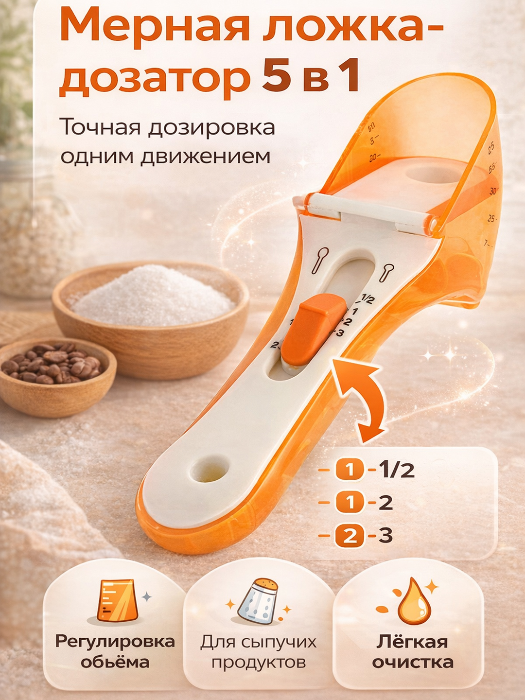Мерная ложка-дозатор 5 в 1 с регулировкой объёма кухонная ложка для сыпучих продуктов - 