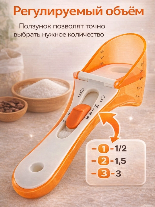 Hajmi 5 in 1 o‘lchov qoshiq-dispensor sochiluvchan mahsulot uchun oshxona o‘lchov qoshiq
