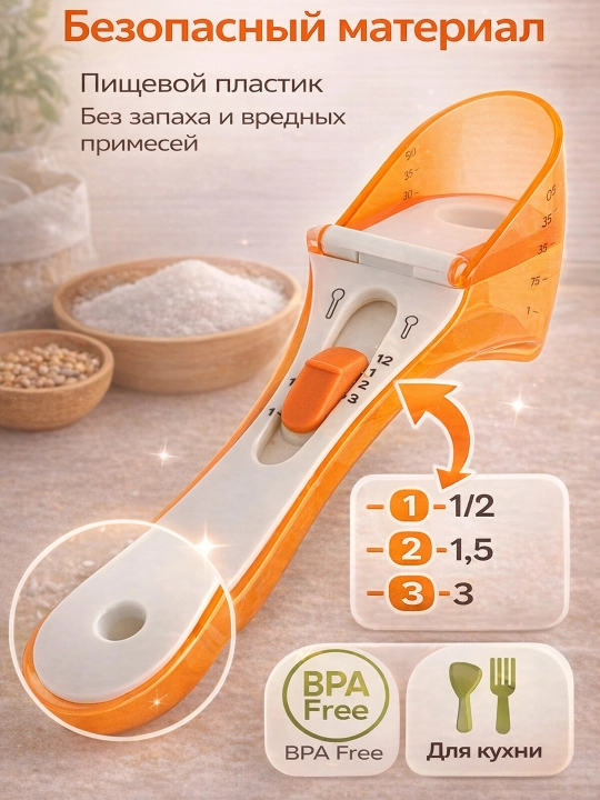 Hajmi 5 in 1 o‘lchov qoshiq-dispensor sochiluvchan mahsulot uchun oshxona o‘lchov qoshiq