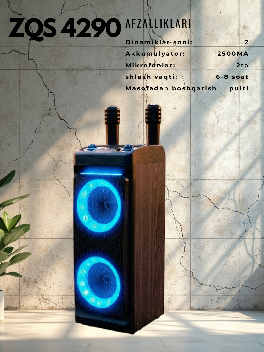 ZQS 4290 – mikrofonli portativ Bluetooth kolonka, yorqin LED chiroqlar bilan - 