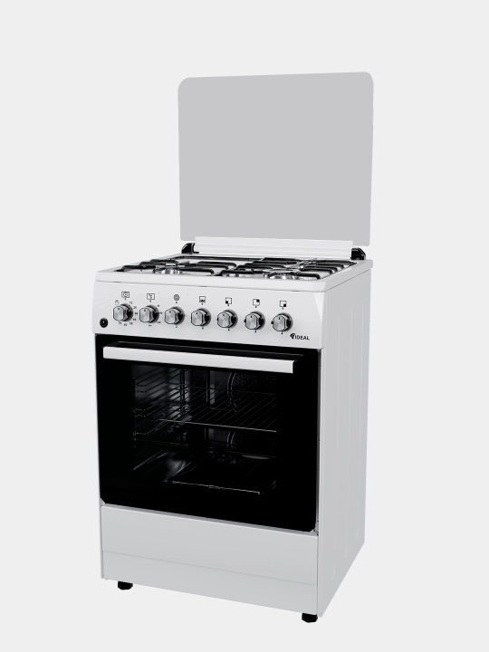 Ideal L350 — 4 konforkali gaz plita + 65 litr pech, Tez pishirish, ishonchli dizayn, oq