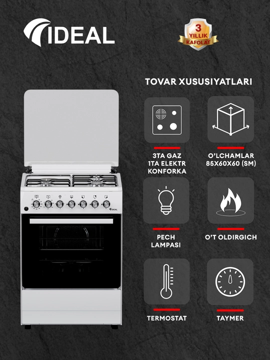 Ideal L350 — 4 konforkali gaz plita + 65 litr pech, Tez pishirish, ishonchli dizayn, oq