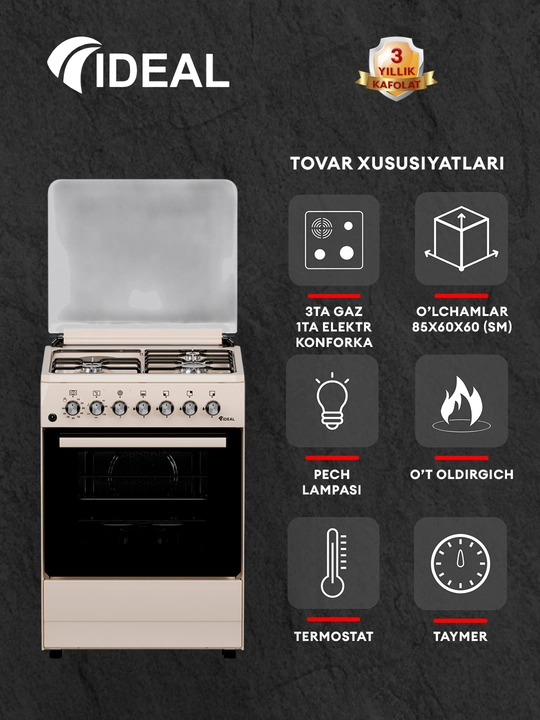 Gaz plita Ideal L350 3+1, 65 litr pech, 60×60 cm — 4 konforka, oqish
