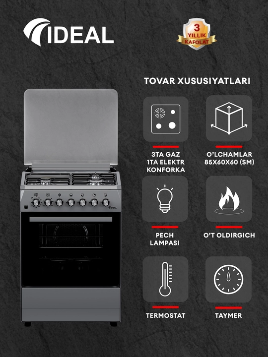 Ideal L350 — 4 konforkali gaz plita + 65L pech, Tez pishirish, ishonchli dizayn, kulrang