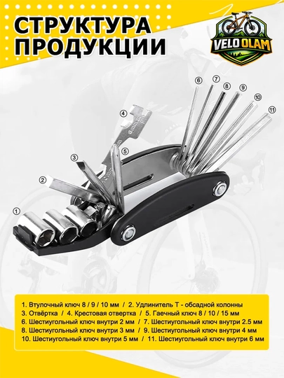 Набор велосипедных ключей, складной, 13 предметов: шестигранник, отвертка