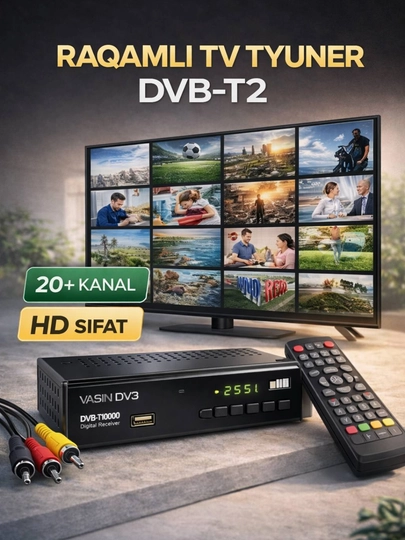 Raqamli TV tyuner DVB-T2, 20+ kanal, HD sifat, pult bilan