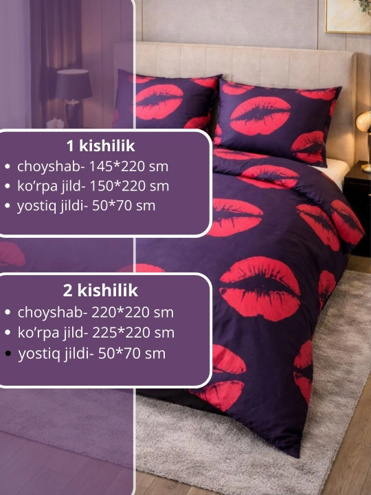 Ikki kishilik va bir kishilik choyshab, ko‘rpa jild, yostiq jildi, choyshab