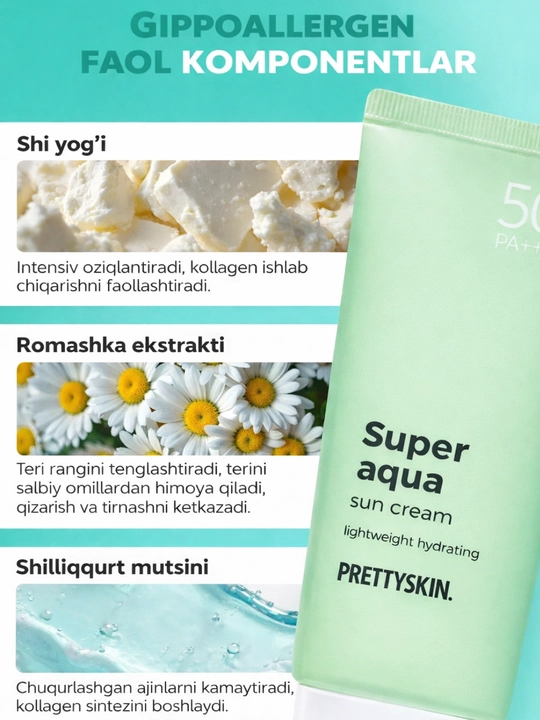 Pretty Skin Yuz uchun namlovchi, quyoshdan himoyalovchi krem SPF50+ PA++++ , 70 ml