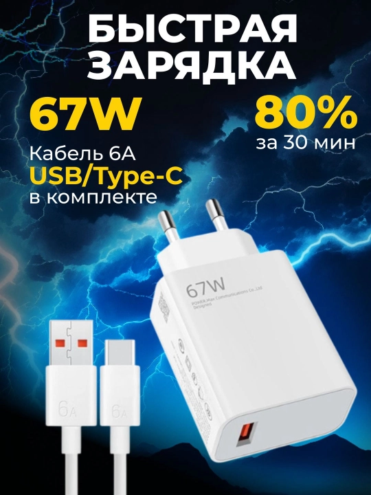 Зарядное устройство 67W Fast charge Type-c кабелем для Xiaomi и Android устройствам