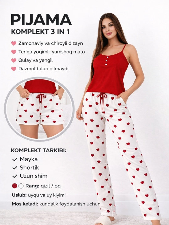 Ayollar uchun pijamalar, shortik, uy kiyimi, 3 tasi 1 da - 