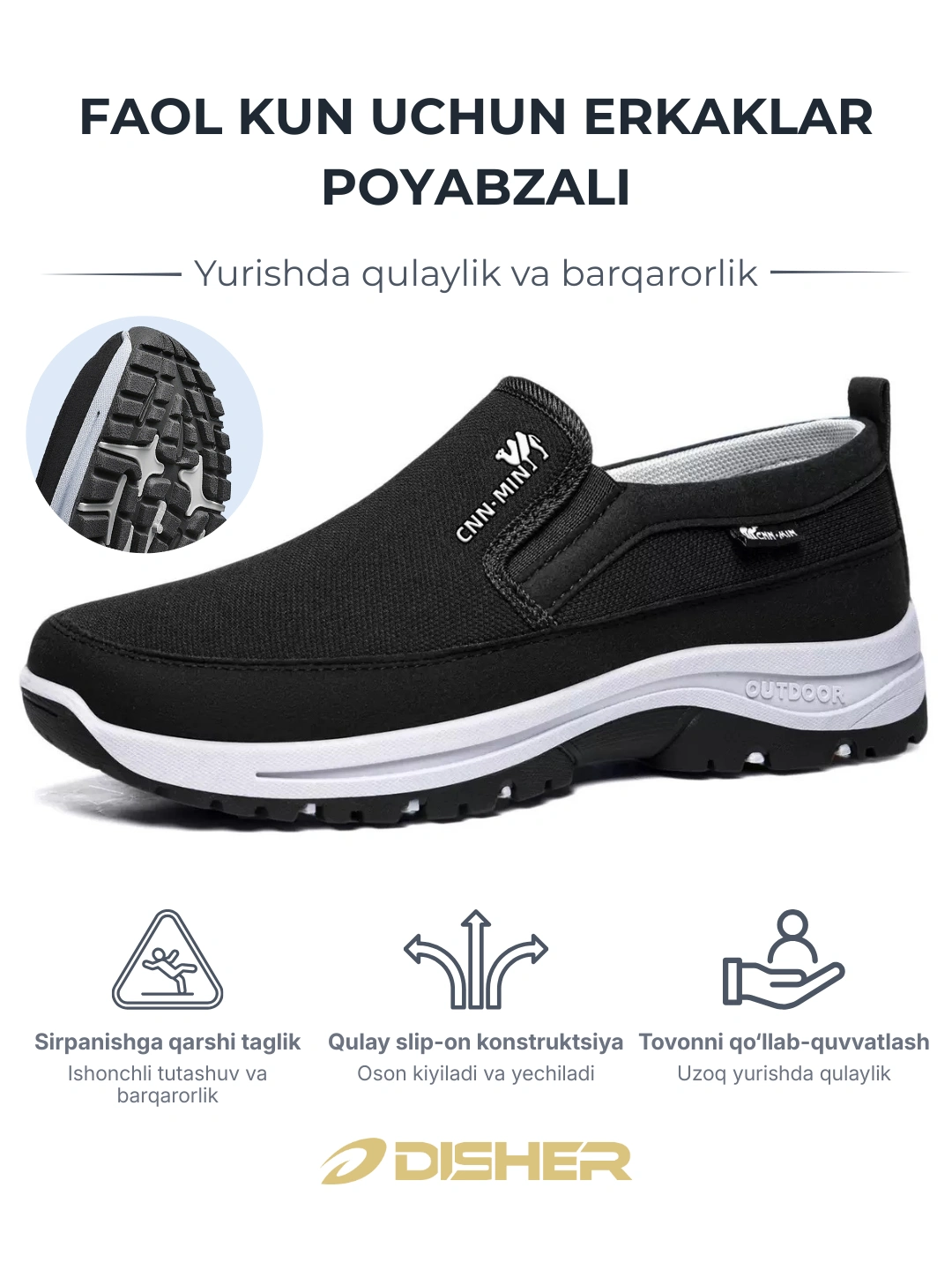 DISHER StreetGo erkaklar kundalik sliponlari, qulay, sirpanmaydigan (1 razmer katta oling)