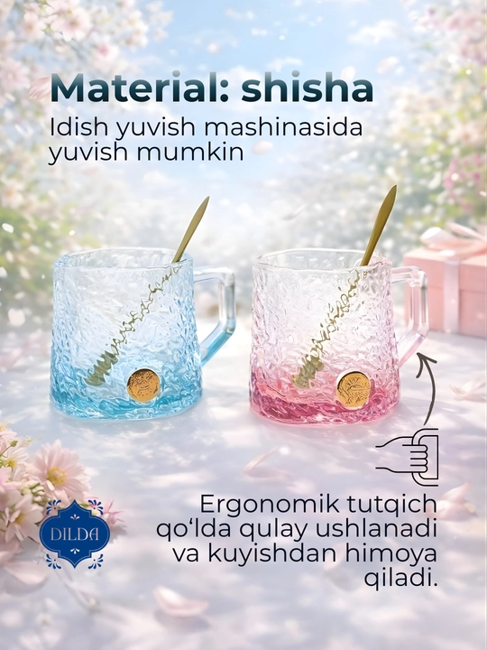Choy va qahva uchun shisha krujka, bokal qoshiqchasi bilan, 2 dona va qoshiqcha bilan
