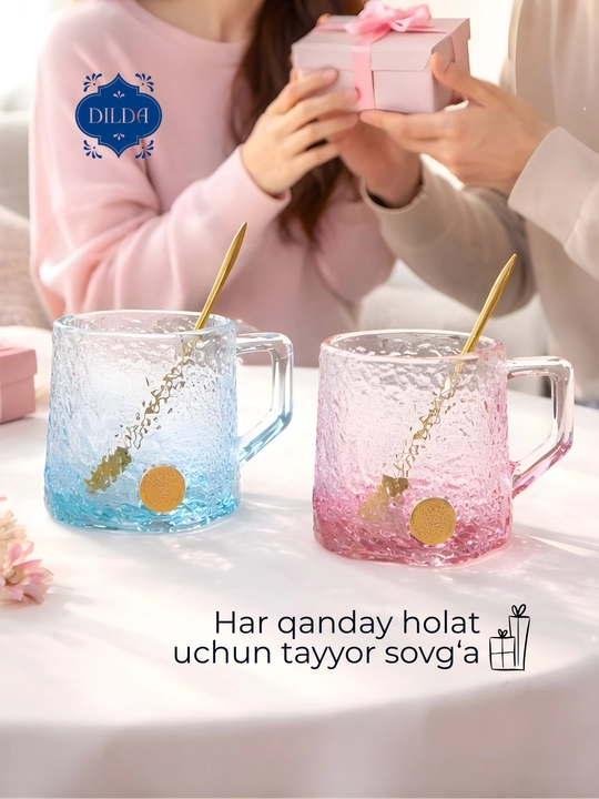 Choy va qahva uchun shisha krujka, bokal qoshiqchasi bilan, 2 dona va qoshiqcha bilan