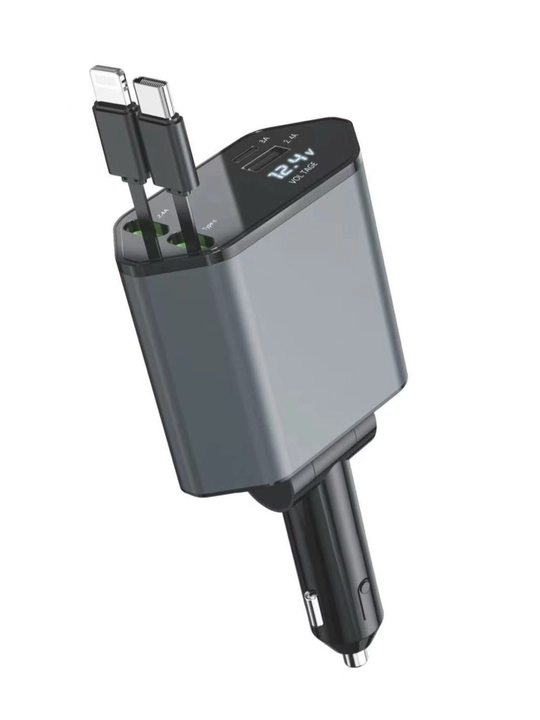 Avto tezkor zaryadlovchi 4in1 Type-C va iPhone kabel, 180° aylanuvchi, 2.4A kuchli