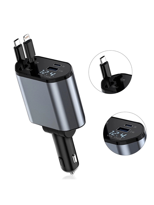 Avto tezkor zaryadlovchi 4in1 Type-C va iPhone kabel, 180° aylanuvchi, 2.4A kuchli