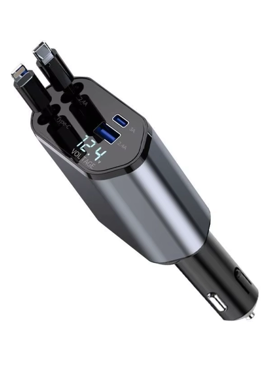 Avto tezkor zaryadlovchi 4in1 Type-C va iPhone kabel, 180° aylanuvchi, 2.4A kuchli