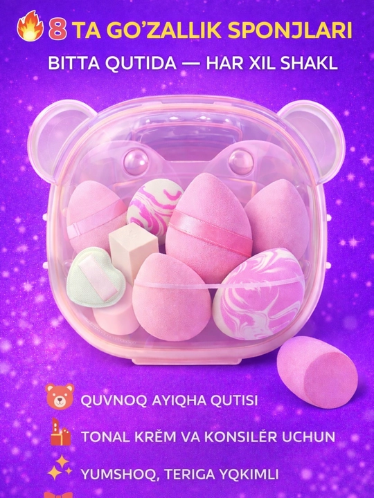 Sponj makiyaj uchun kosmetik gubkalar to'plami, to'plamda 8 dona - 