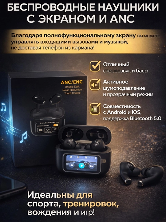 Наушники беспроводные с экраном для Iphone, Android Pods pro 2 iOS с сенсорным экраном - 