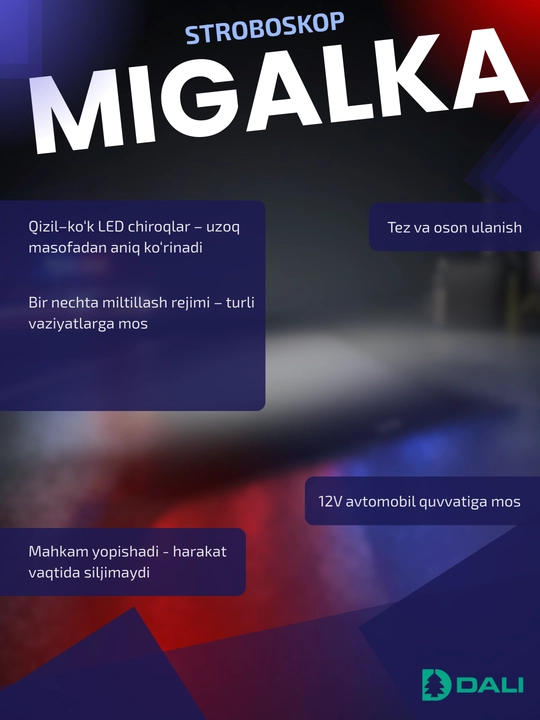 Old oyna uchun stroboskop, yonib o'chadigan chiroq, migalka qizil-ko'k