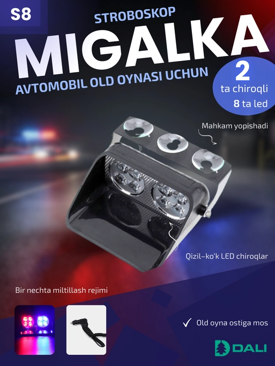 Old oyna uchun stroboskop, yonib o'chadigan chiroq, migalka qizil-ko'k