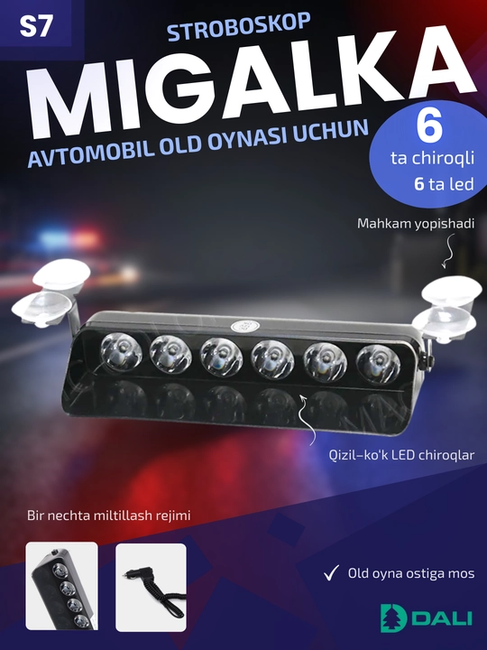 Old oyna uchun stroboskop, yonib o'chadigan chiroq, migalka qizil-ko'k