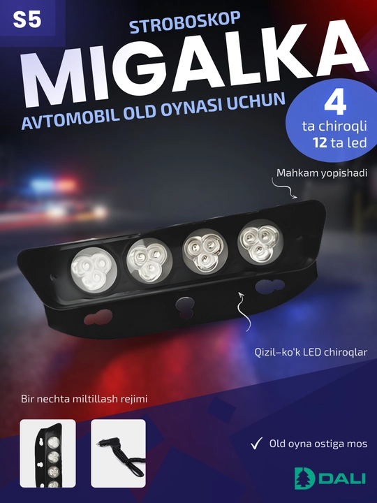 Old oyna uchun stroboskop, yonib o'chadigan chiroq, migalka qizil-ko'k