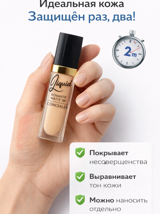 Жидкий консилер для лица и зоны под глазами, матовый финиш, скрывает пятна и тёмные круги - 