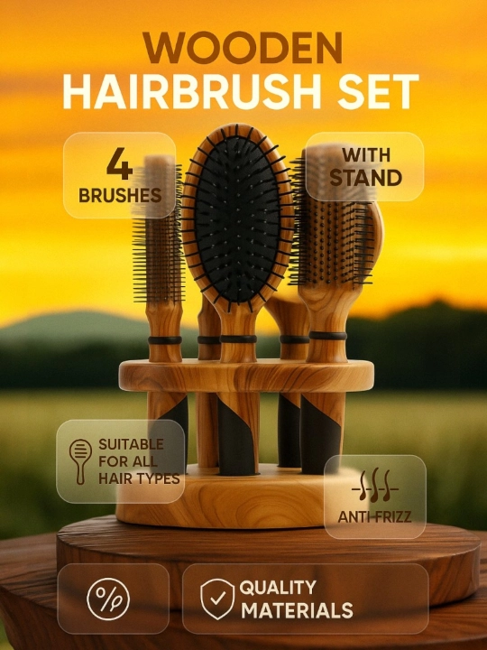 Yog‘och soch taroqlari to‘plami, 5 dona, stend bilan (Wooden Hairbrush Set) - 