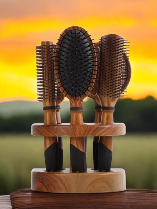 Yog‘och soch taroqlari to‘plami, 5 dona, stend bilan (Wooden Hairbrush Set)