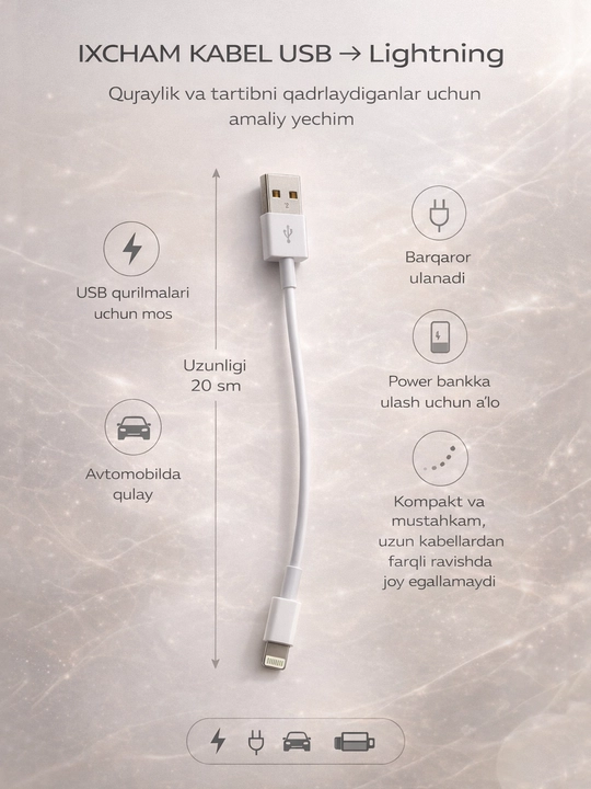 Type-C dan Typce-C ga, USB dan Type-C ga va USB dan Lightning ga ixcham kabel