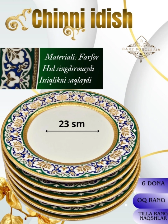 Likopchalar to'plami chinnidan, dizaynli 6 dona 23 sm - 