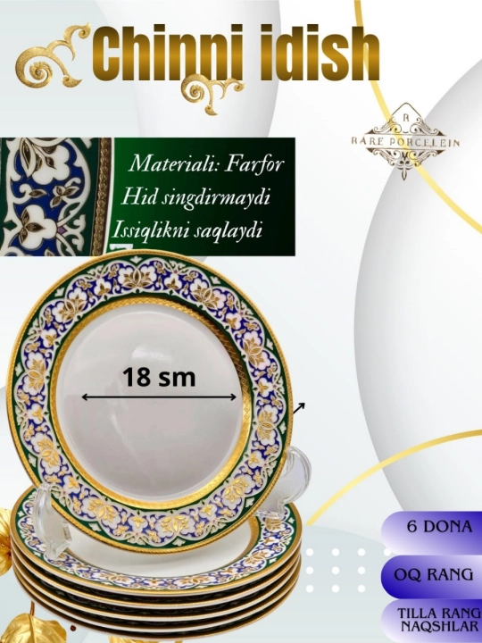 Mustahkam chinni likopchalar to‘plami, 18 sm - 