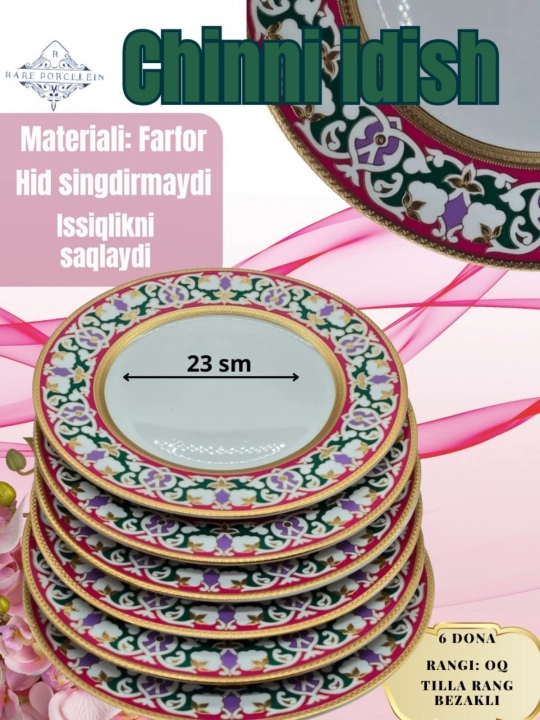 Likopchalar to'plami chinnidan, dizaynli 6 dona 23 sm - 