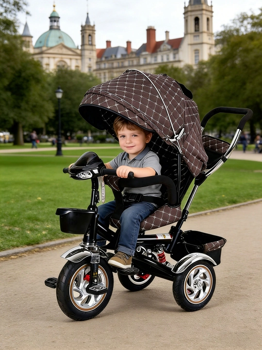 Uch g‘ildirakli velosiped aravachasi, 360° o‘rindiq, buklanadigan, musiqa va yorug‘lik, 25 kg gacha