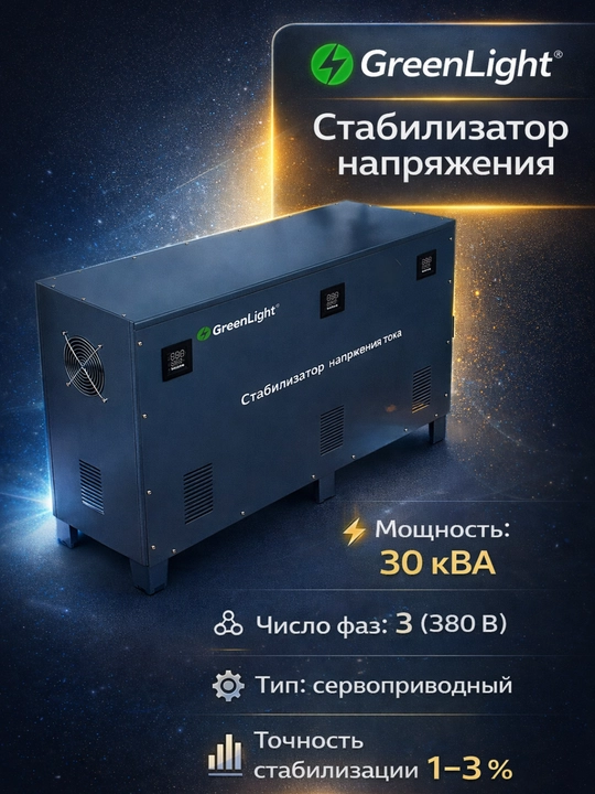 GreenLight kuchlanish stabilizatori, uch fazali 380 V, servoprivodli (30–120 kVA) - 