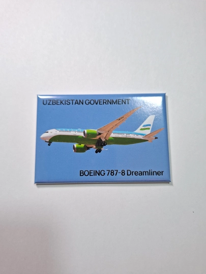 Фото магнит авиасувенир, фото самолёта Boeing 787-8 Правительства Узбекистана, 8x5 см