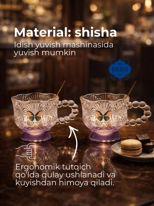 Choy va qahva uchun shisha krujka, bokal qoshiqchasi bilan, 2 dona va qoshiqcha bilan