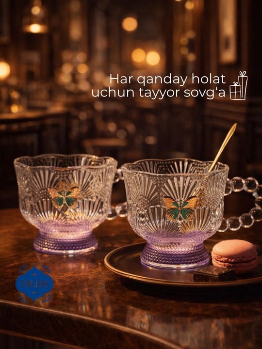 Choy va qahva uchun shisha krujka, bokal qoshiqchasi bilan, 2 dona va qoshiqcha bilan