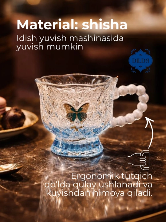 Choy va qahva uchun shisha krujka, bokal qoshiqchasi bilan, 2 dona va qoshiqcha bilan