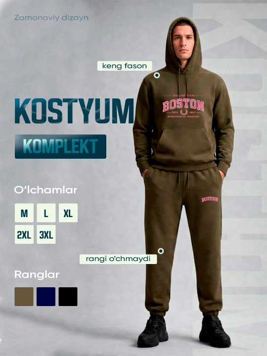 Erkaklar uchun sport kostyumi Nasem, kapyushonli xudi va jogger shim, dvoyka