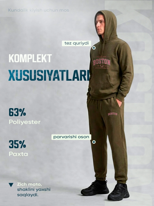 Erkaklar uchun sport kostyumi Nasem, kapyushonli xudi va jogger shim, dvoyka