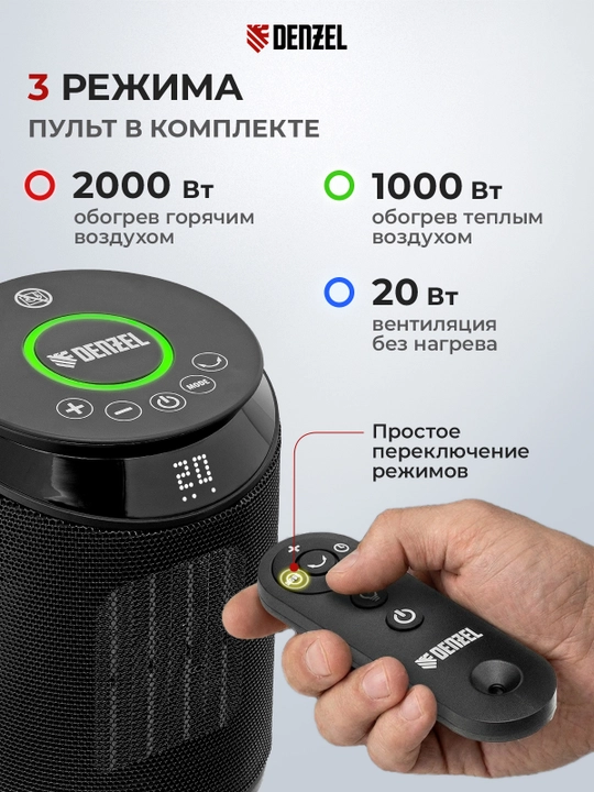 Тепловентилятор DENZEL DTFC-2000X, керамический, 2 кВт, wi-fi, динамик, вращение, 96426