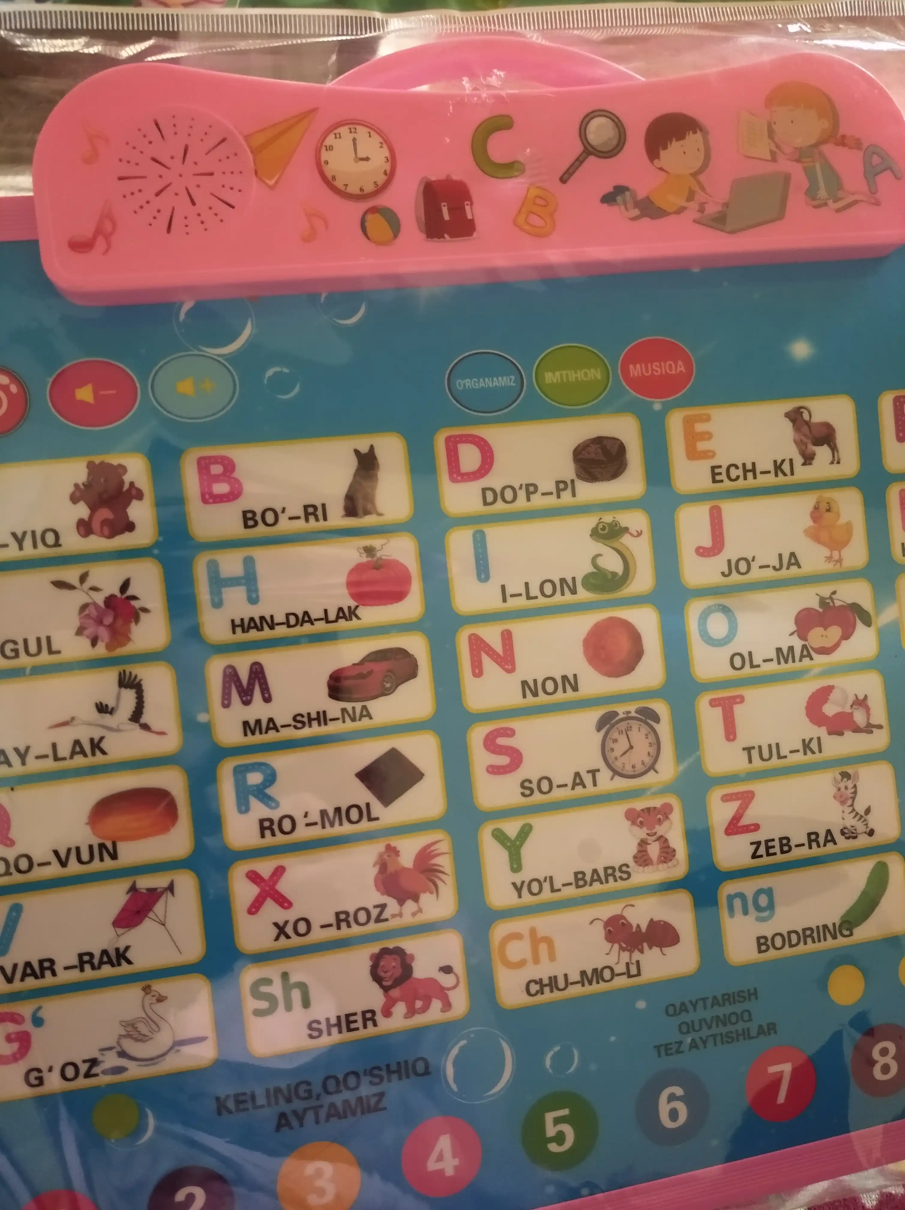 So'zlovchi interaktiv alifbo doska, raqamlar va harflar, ingliz, rus, ozbek tillarida