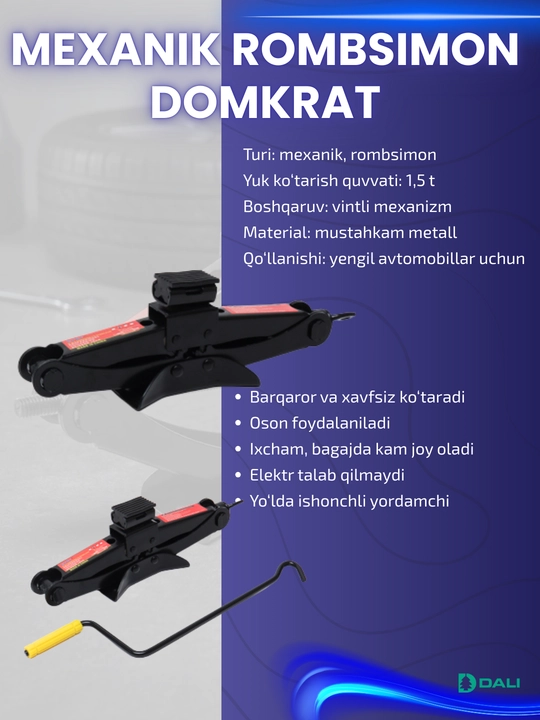 Mexanik rombsimon domkrat avtomobil uchun, 1 - 1.5 - 2 - 2.5 - 3 tonna