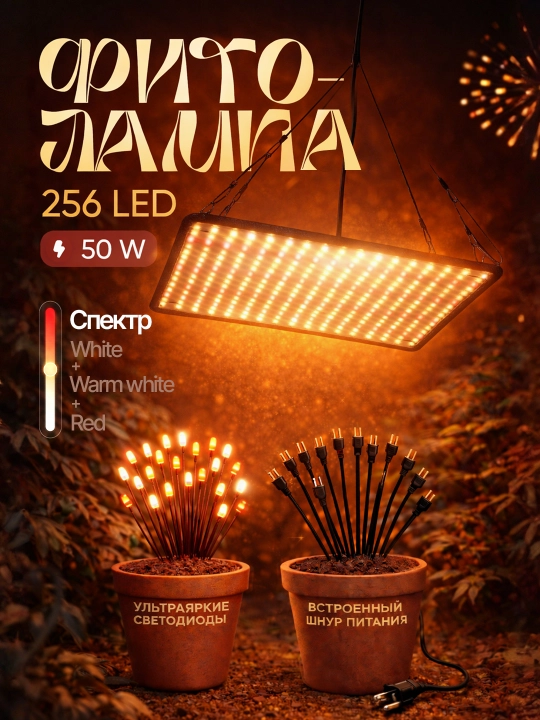 Фитолампа полного спектра. Подвесная. 256LED, 50Вт, SMD2835, 30х30см, White+Warm white+Red - 