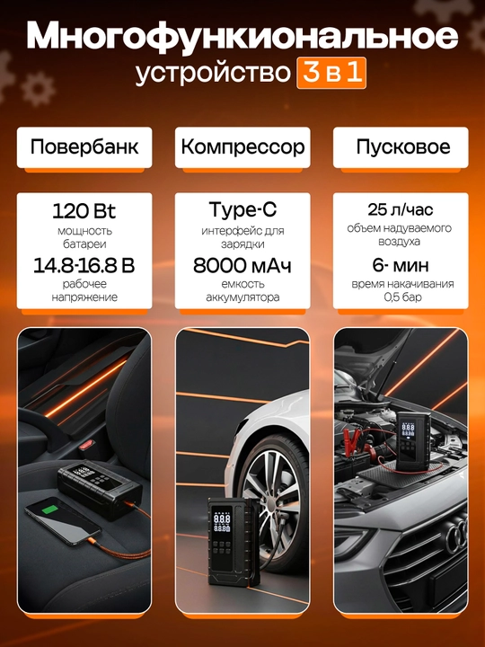 Пусковое и зарядное устройство с компрессором для автомобиля 8000mAh, Powerbank cтартер