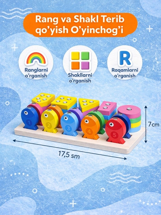 Montessori yog‘och boshqotirma – harflar, raqamlar va shakllar to‘plami
