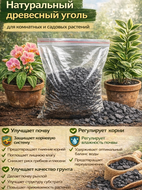 O'simliklar uchun yog'och ko'miri, o'simlik ildizi uchun antiseptik va yumshatuvchi vosita - 