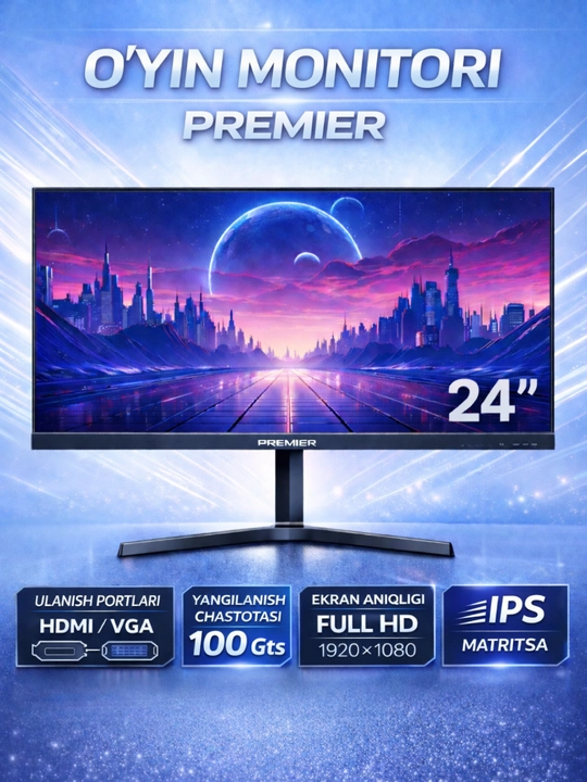 Monitor 24″ Premier PRM100LEDM – FHD (1920×1080), IPS, 100Hz, Ish va o‘yin uchun - 
