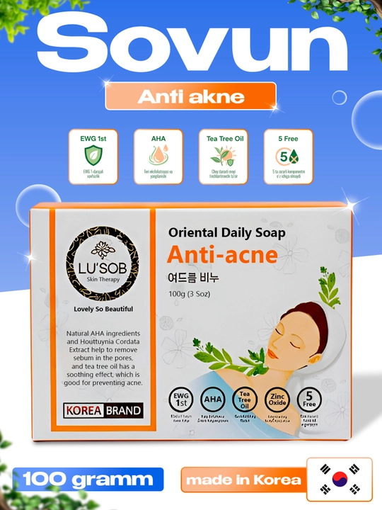 Yuz va tana uchun aknega qarshi kosmetik sovun, Lusob, koreys kosmetikasi, 100 gramm